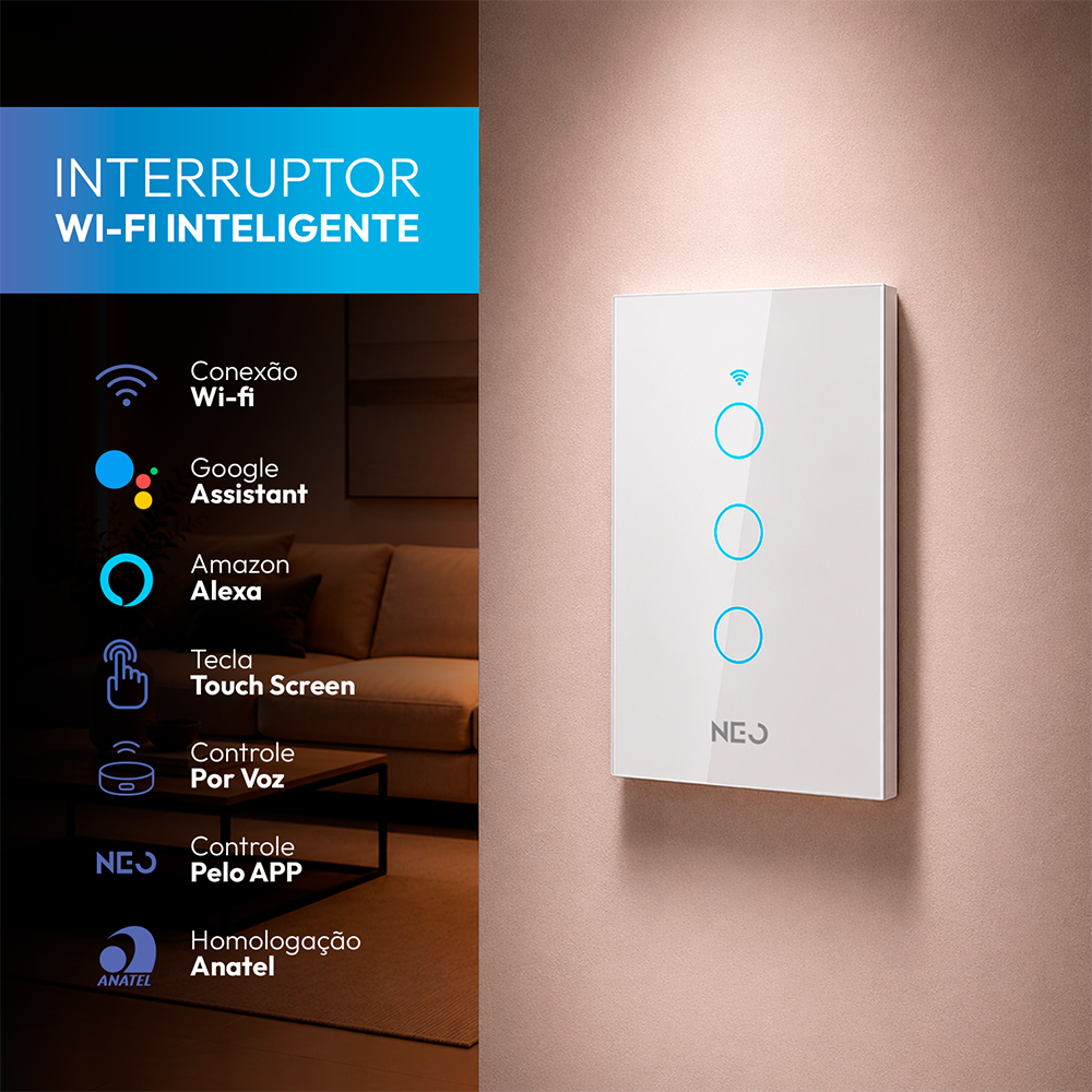 Interruptor Inteligente Wifi 3 Botões 4x2 Bivolt Branco Neo