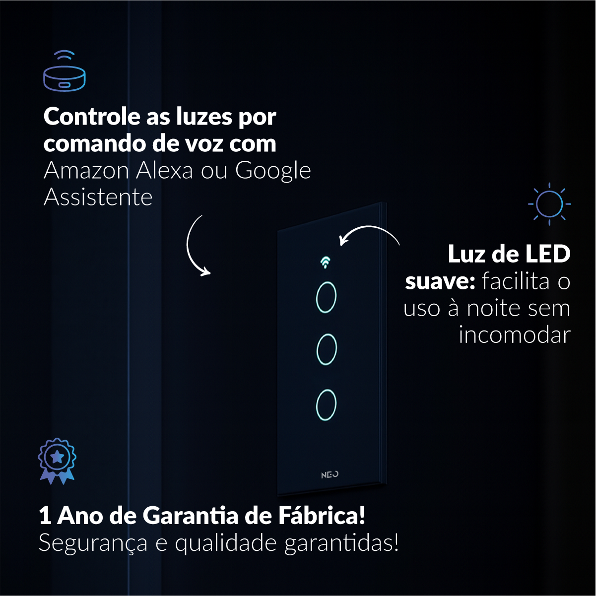 Interruptor Inteligente Smart Wi-fi 3 Botões 4x2 Bivolt Preto Neo Avant