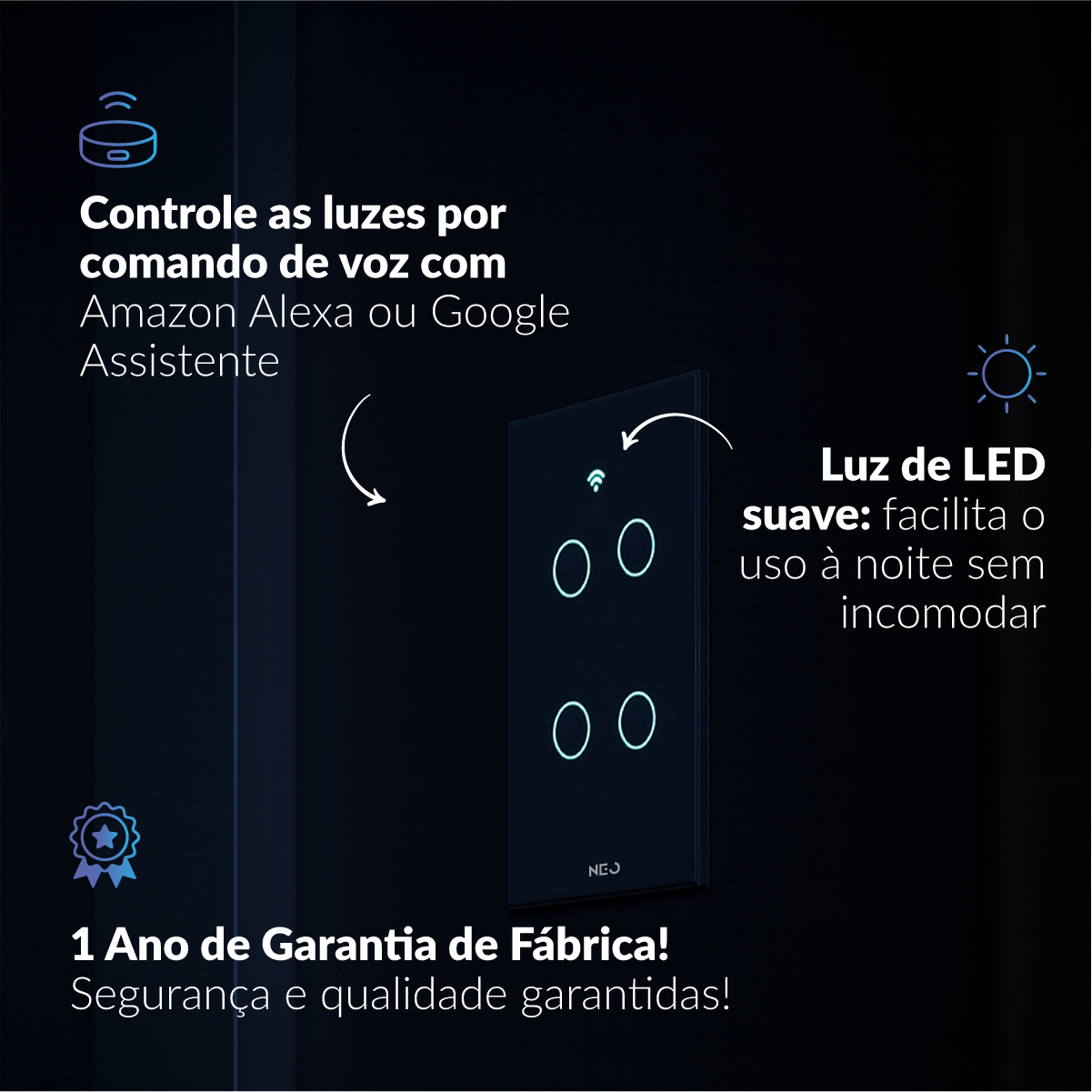 Interruptor Inteligente Smart Wi-fi 4 Botões 4x2 Bivolt Preto Neo Avant
