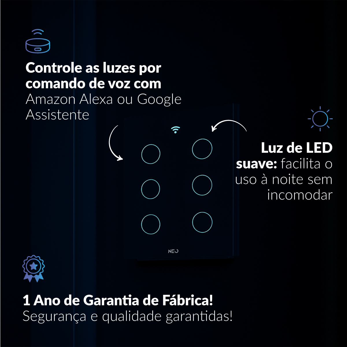 Interruptor Inteligente Smart Wi-fi 6 Botões 4x4 Bivolt Branco Neo Avant