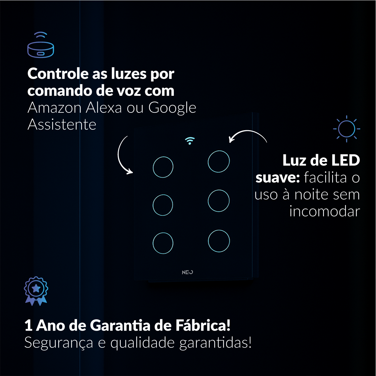 Interruptor Inteligente Smart Wi-fi 6 Botões 4x4 Bivolt Preto Neo Avant