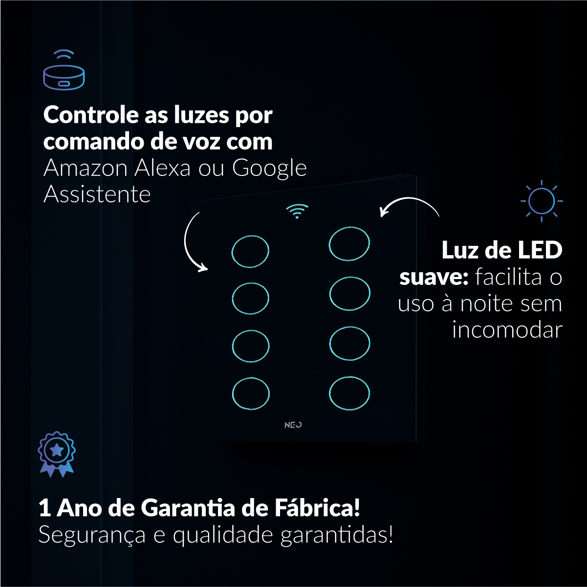 Interruptor Inteligente Smart Wi-fi 8 Botões 4x4 Bivolt Branco Neo Avant