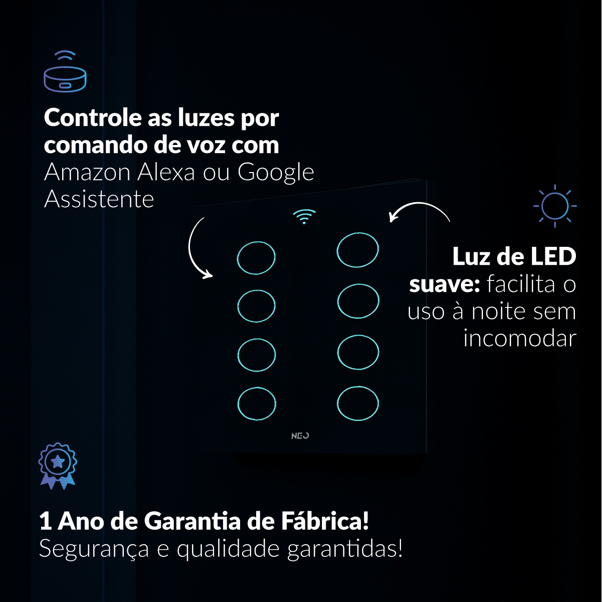 Interruptor Inteligente Smart Wi-fi 8 Botões 4x4 Bivolt Preto Neo Avant