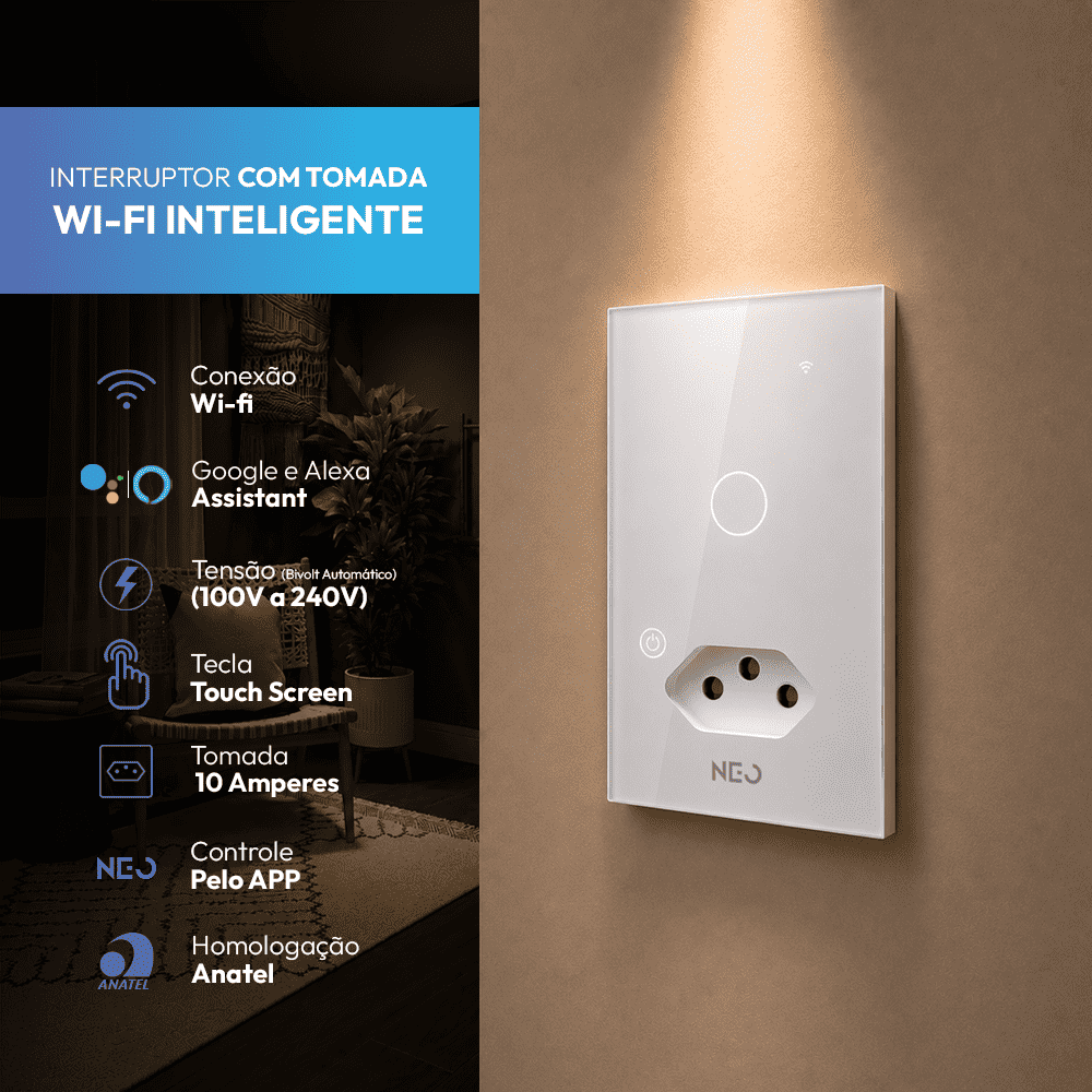 Interruptor Inteligente Wifi 1 Botão com Tomada 10A 4x2 Bivolt Branco Neo - NEO Avant