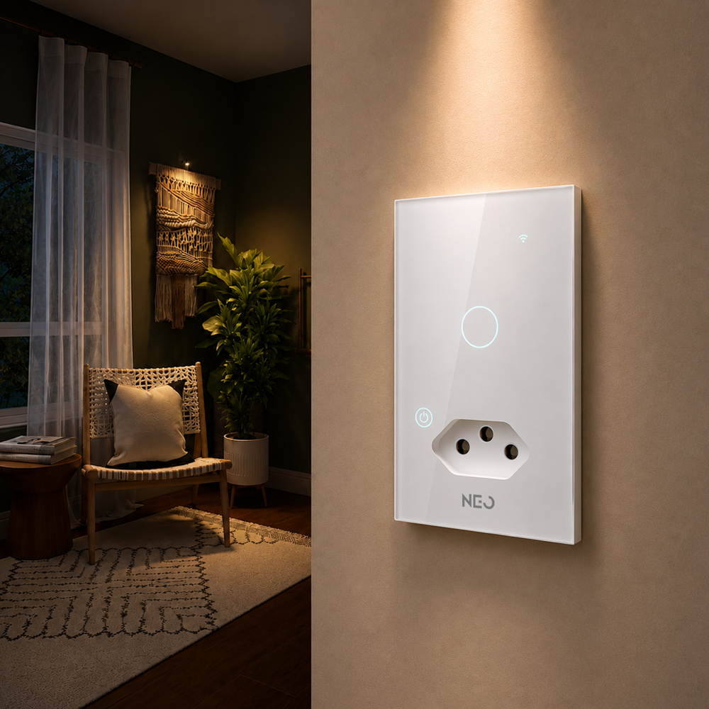 Interruptor Inteligente Wifi 1 Botão com Tomada 10A 4x2 Bivolt Branco Neo