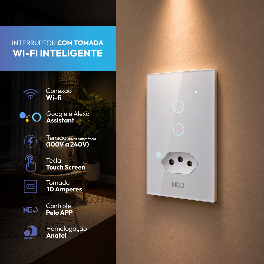 Interruptor Inteligente Wifi 2 Botões Com Tomada 10A 4X2 Bivolt Branco Neo