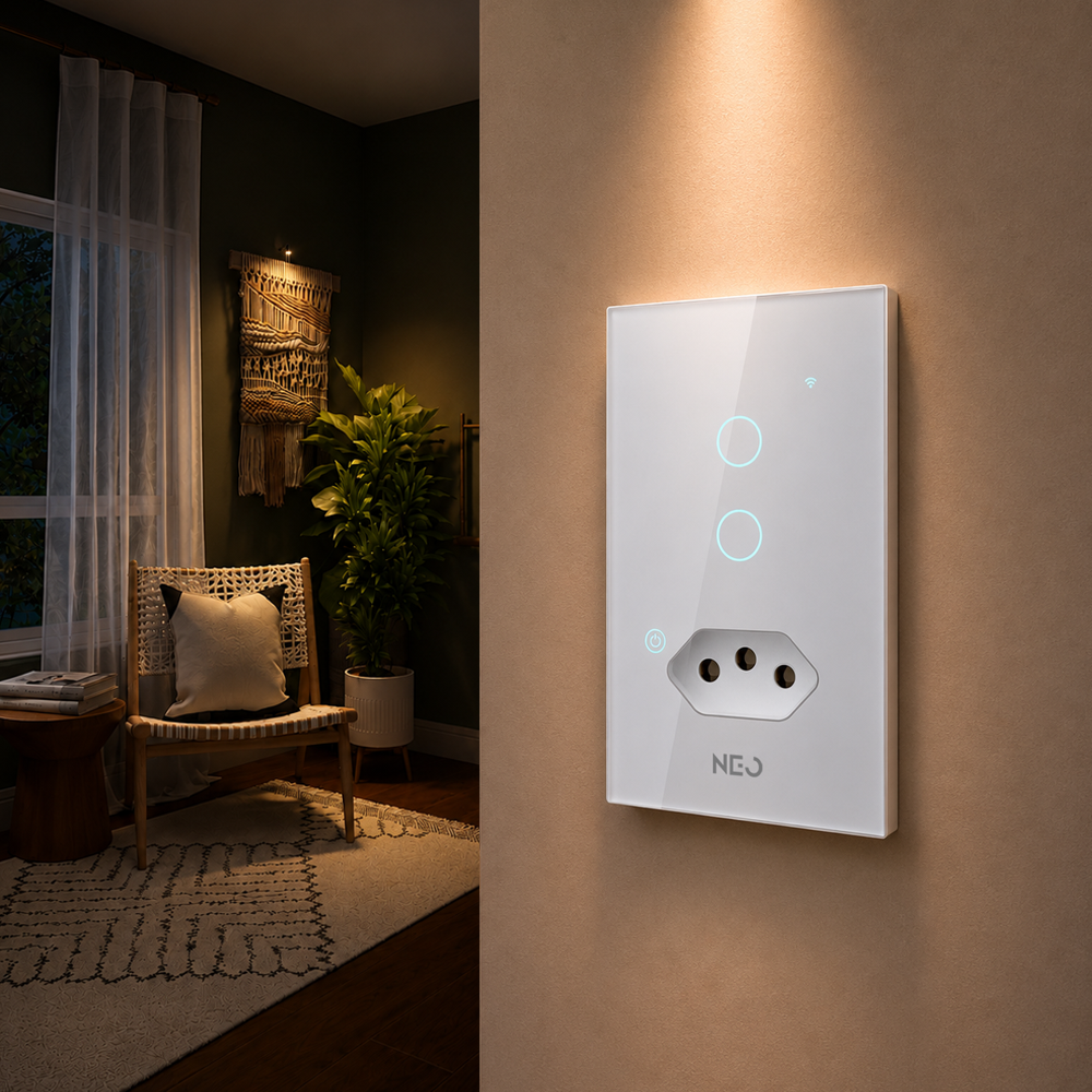 Interruptor Inteligente Wifi 2 Botões Com Tomada 10A 4X2 Bivolt Branco Neo