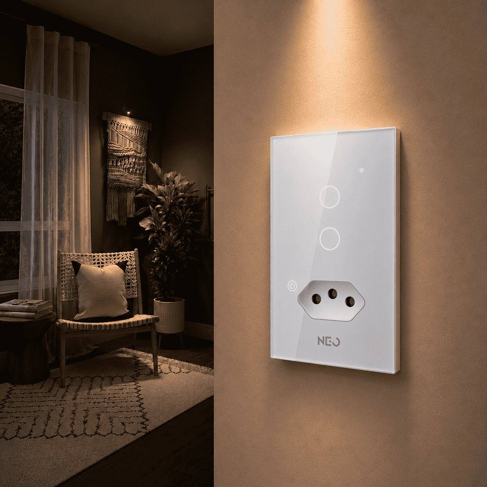 Interruptor Inteligente Wifi 2 Botões Com Tomada 10A 4X2 Bivolt Branco Neo - NEO Avant