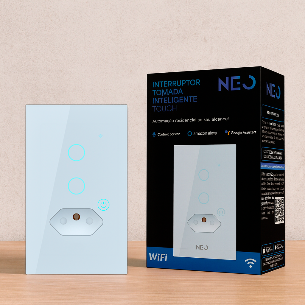 Interruptor Inteligente Smart Wifi 2 Botões Com Tomada 4X2 Bivolt Branco Neo Avant