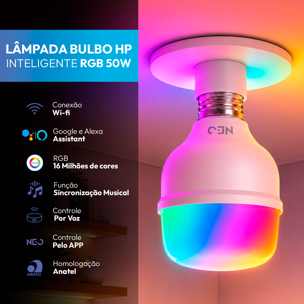 Lâmpada Led Inteligente Bulbo HP Wifi 50W RGB Colorido E27 Bivolt Neo