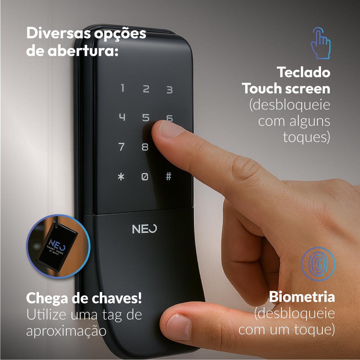 Fechadura Eletrônica Stark Digital de Sobrepor com Biometria Senha Tag Wifi Preto Fosco Avant Neo