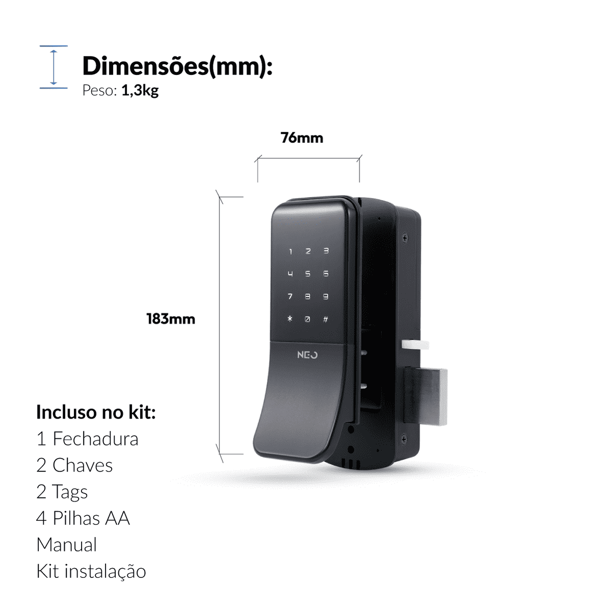 Fechadura Eletrônica Stark Digital de Sobrepor com Biometria Senha Tag Wifi Preto Fosco Neo - NEO Avant