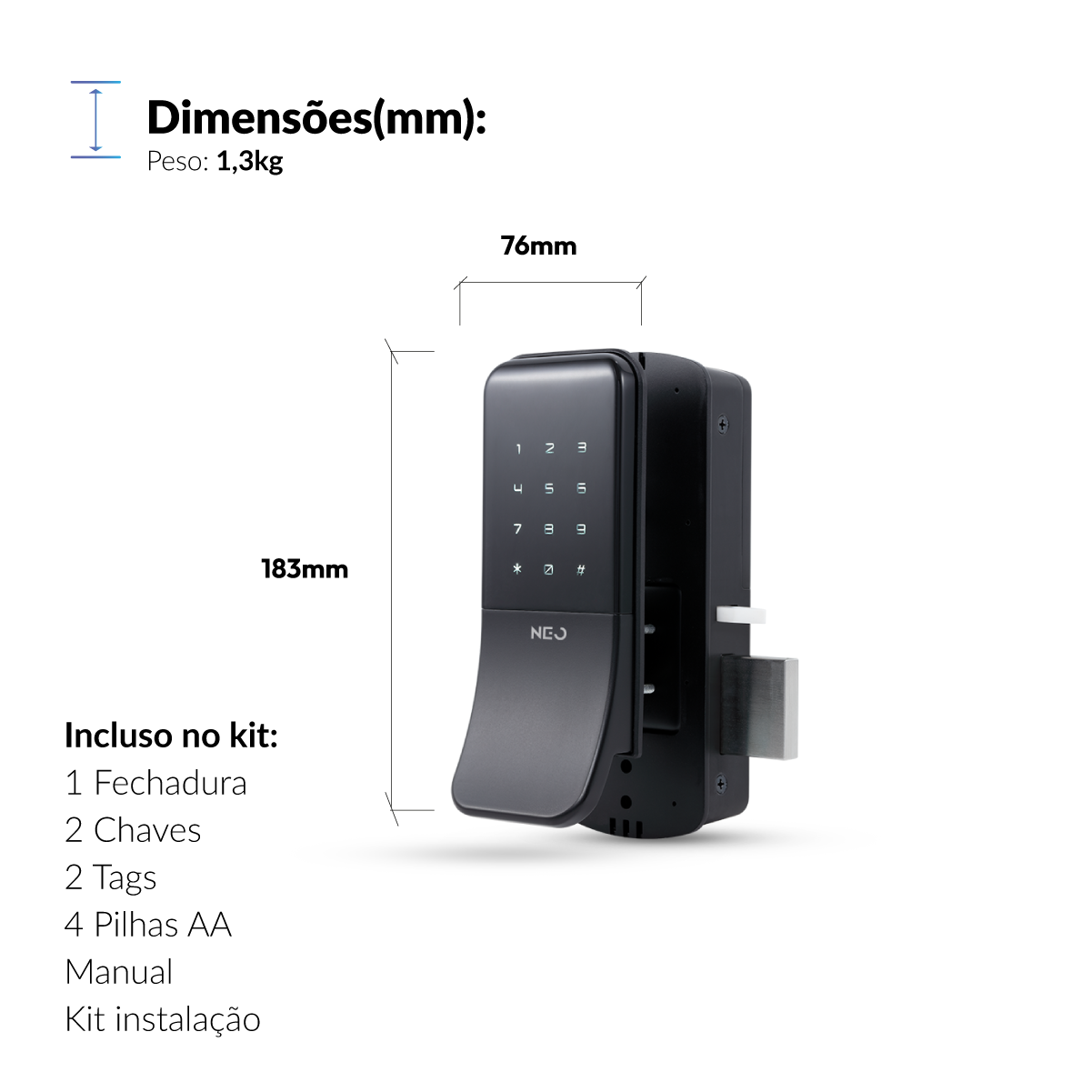 Fechadura Eletrônica Stark Digital de Sobrepor com Biometria Senha Tag Wifi Preto Fosco Avant Neo