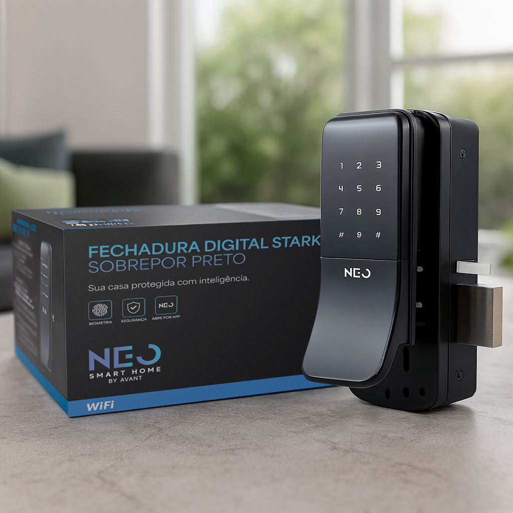 Fechadura Eletrônica Stark Digital de Sobrepor com Biometria Senha Tag Wifi Preto Fosco Neo