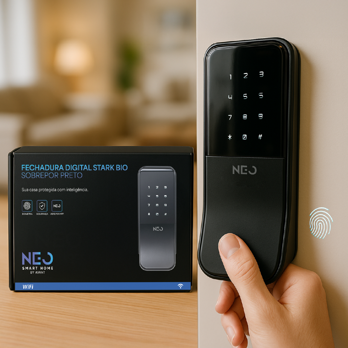 Fechadura Eletrônica Stark Digital de Sobrepor com Biometria Senha Tag Wifi Preto Fosco Avant Neo