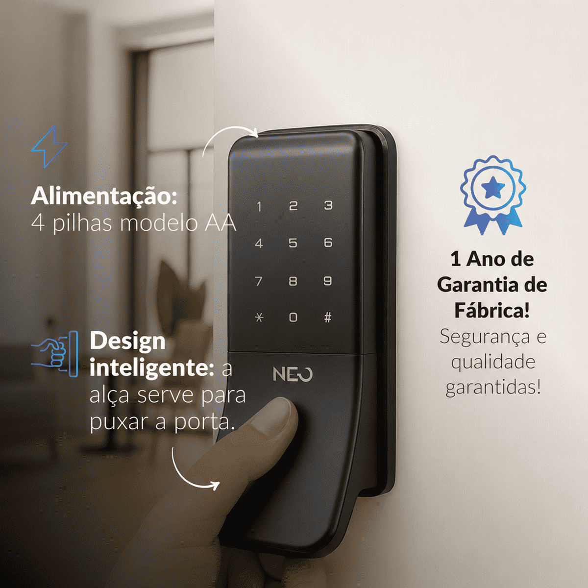 Fechadura Eletrônica Stark Digital de Sobrepor com Biometria Senha Tag Wifi Preto Fosco Neo - NEO Avant