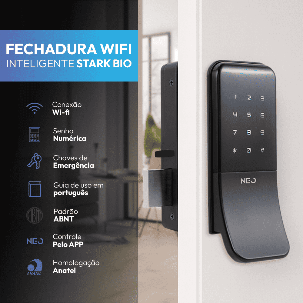 Fechadura Eletrônica Stark Digital de Sobrepor com Biometria Senha Tag Wifi Preto Fosco Neo - NEO Avant
