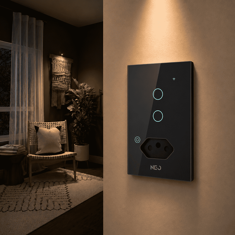 Interruptor Inteligente Wifi 2 Botões Com Tomada 10A 4x2 Bivolt Preto Neo - NEO Avant