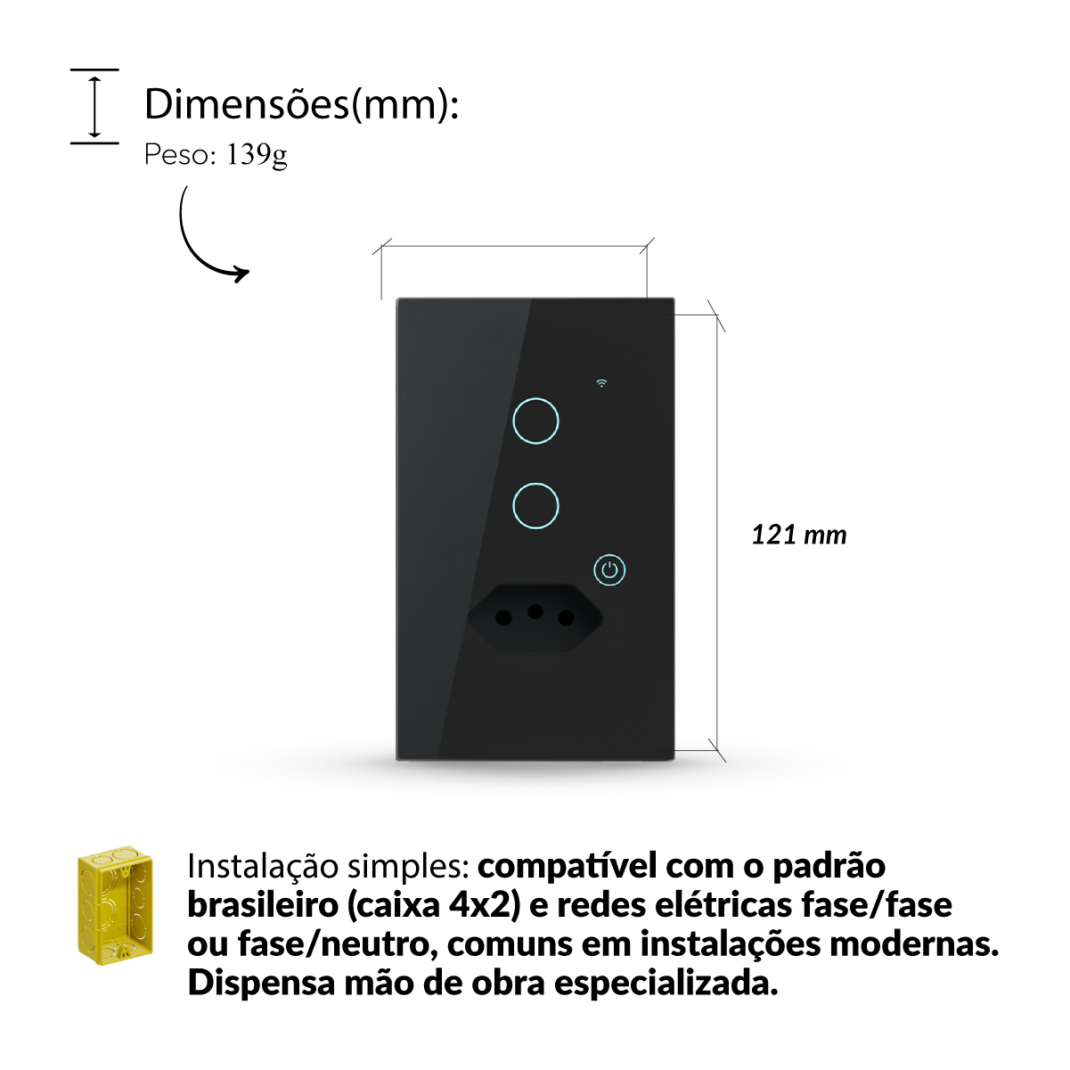 Interruptor Inteligente Smart Wifi 2 Botões Com Tomada 4x2 Bivolt Preto Neo Avant