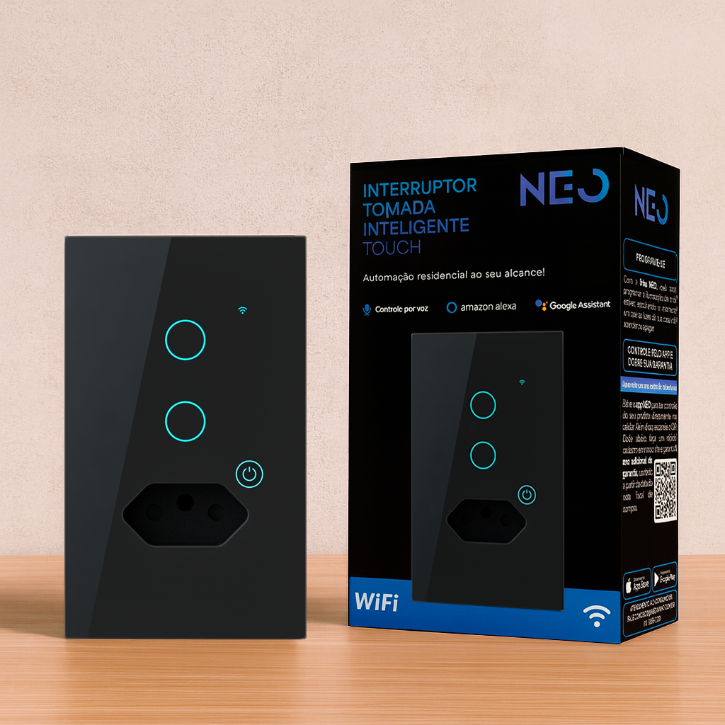 Interruptor Inteligente Smart Wifi 2 Botões Com Tomada 4x2 Bivolt Preto Neo Avant