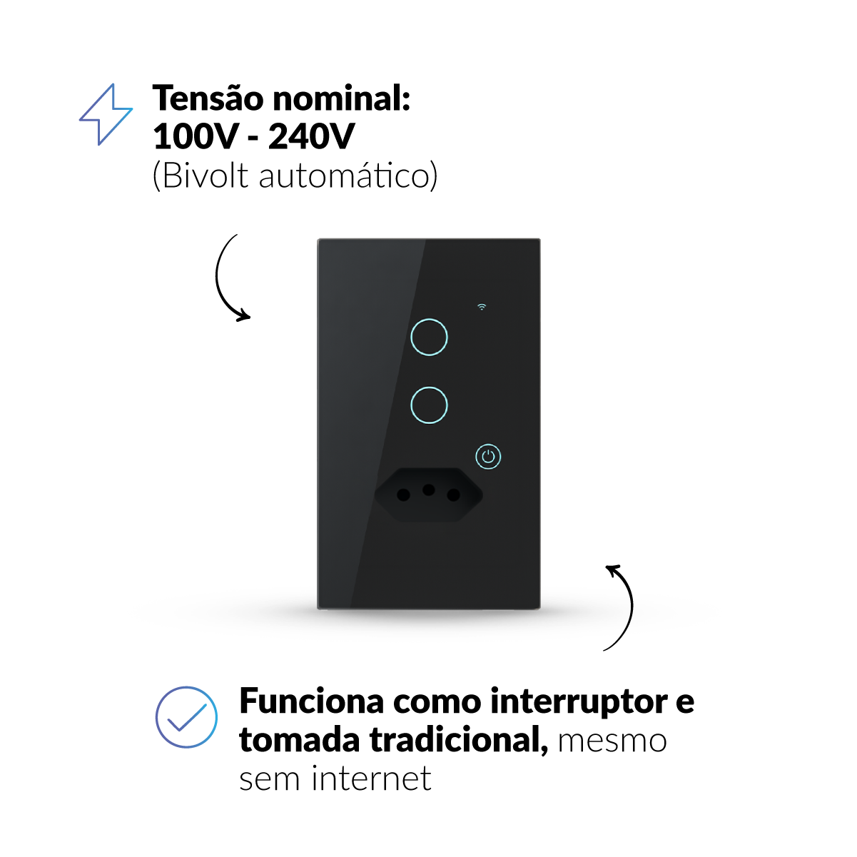 Interruptor Inteligente Smart Wifi 2 Botões Com Tomada 4x2 Bivolt Preto Neo Avant