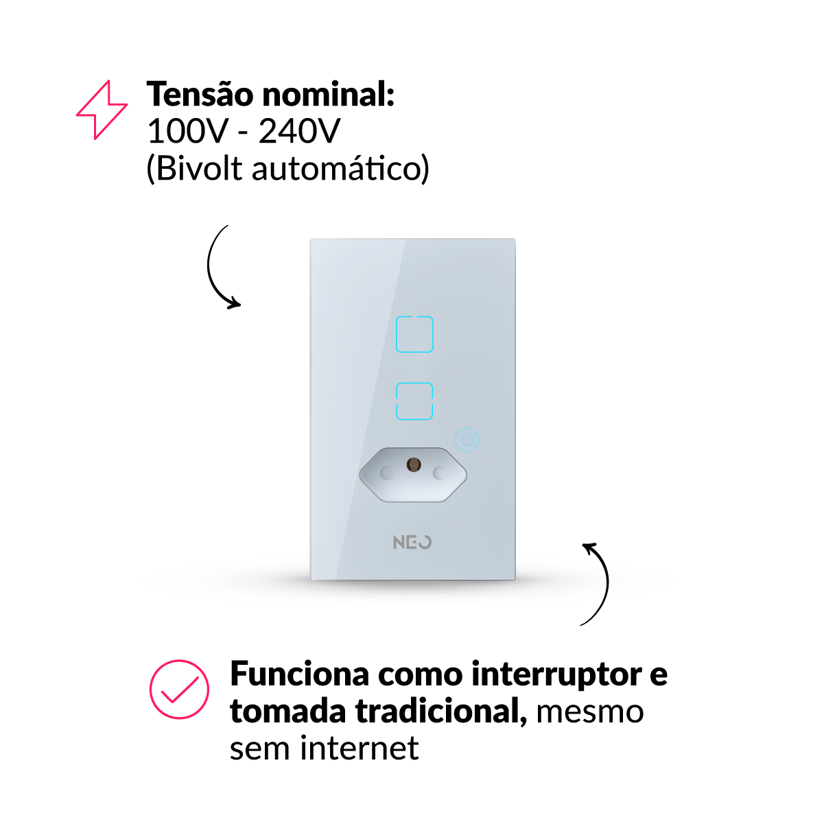 Interruptor Inteligente Zigbee 2 Botões Com Tomada 4x2 Bivolt Branco Neo Avant