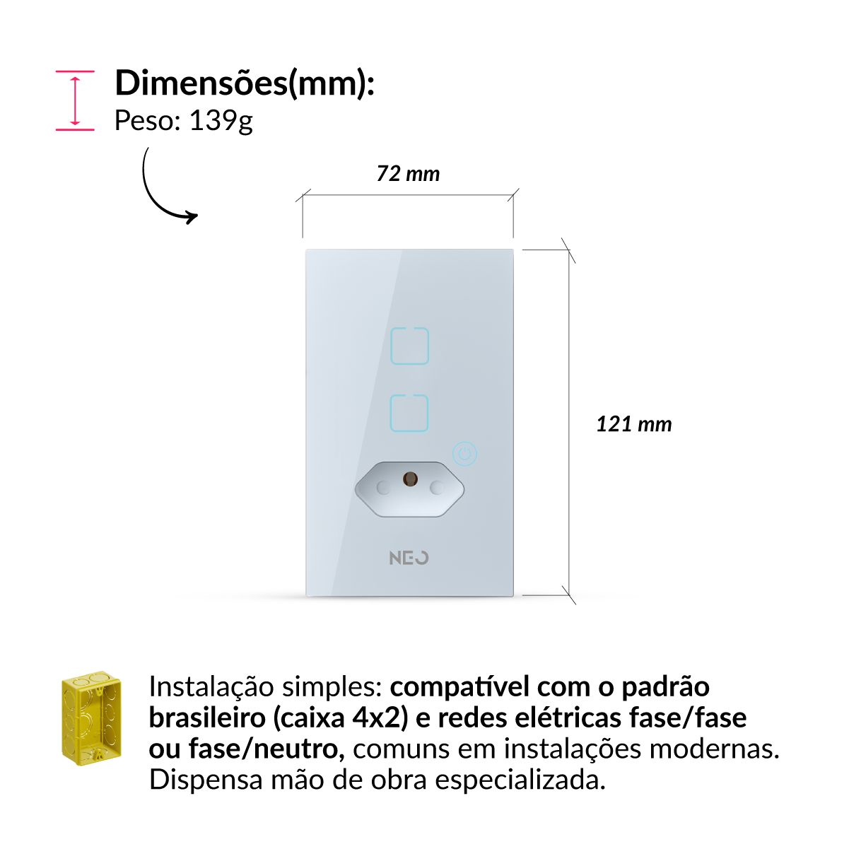 Interruptor Inteligente Zigbee 2 Botões Com Tomada 10A 4x2 Bivolt Branco Neo