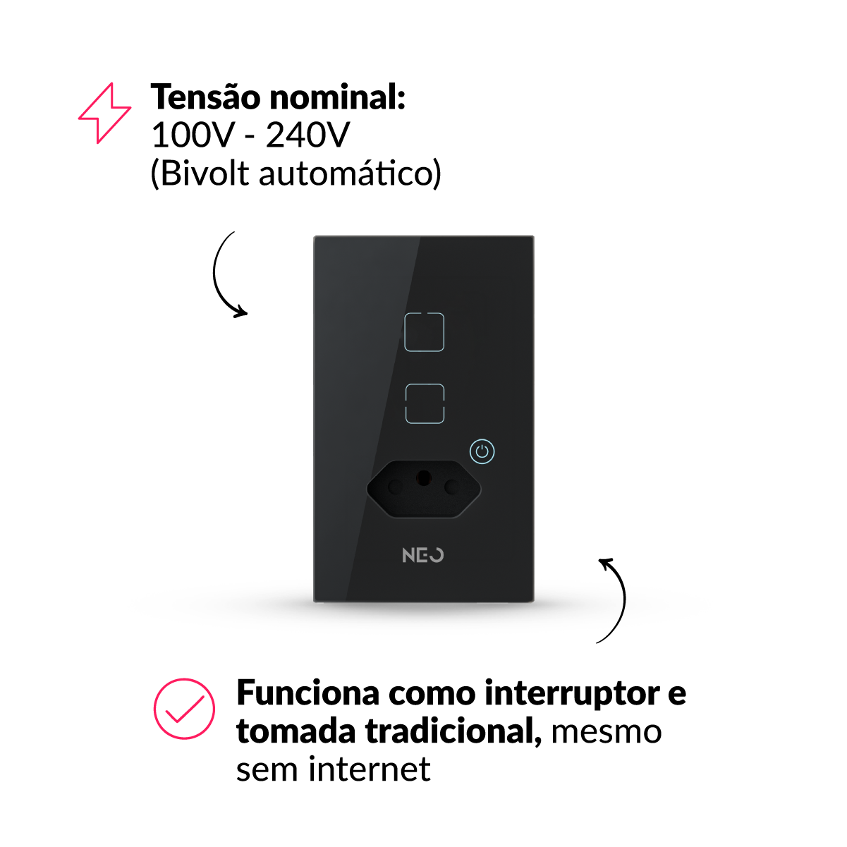 Interruptor Inteligente Zigbee 2 Botões Com Tomada 10A 4x2 Bivolt Preto Neo Avant