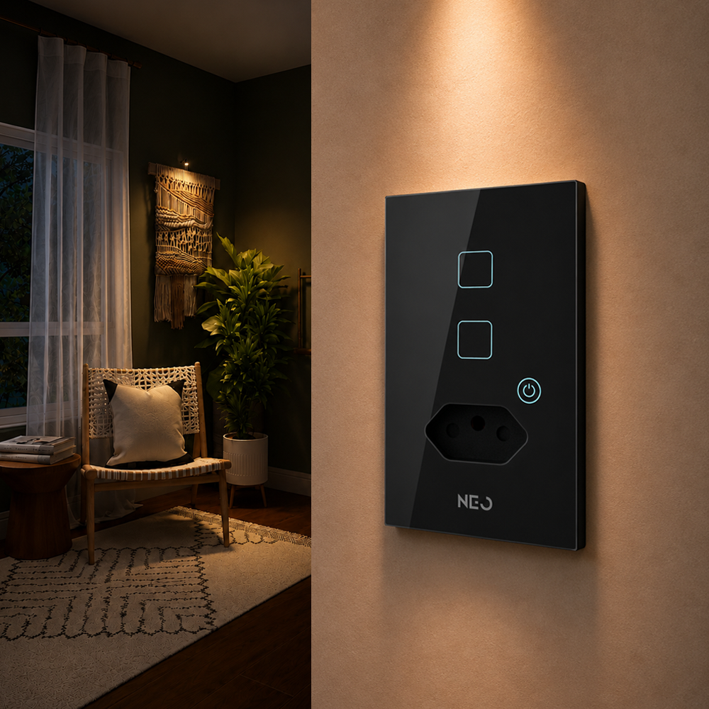 Interruptor Inteligente Zigbee 2 Botões Com Tomada 10A 4x2 Bivolt Preto Neo