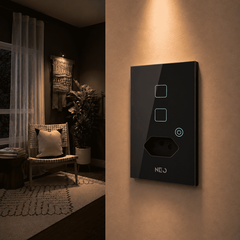 Interruptor Inteligente Zigbee 2 Botões Com Tomada 10A 4x2 Bivolt Preto Neo - NEO Avant