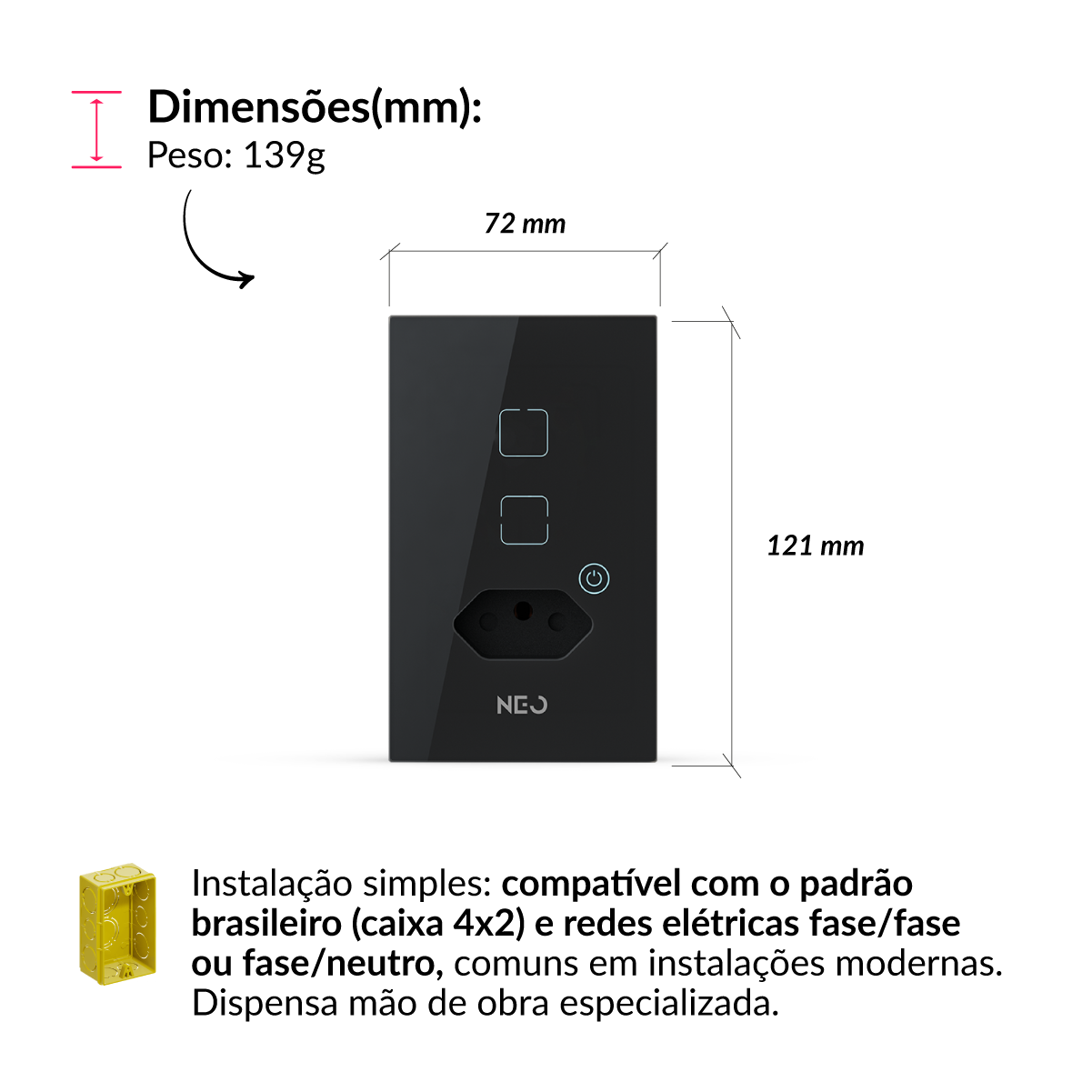 Interruptor Inteligente Zigbee 2 Botões Com Tomada 10A 4x2 Bivolt Preto Neo