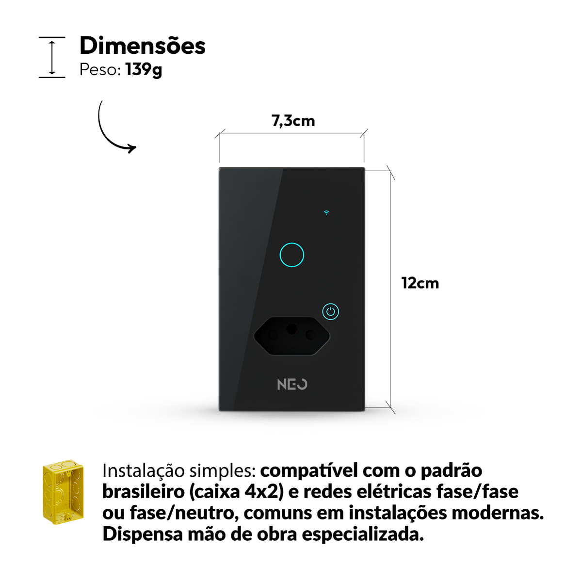 Interruptor Inteligente Wifi 1 Botão Com Tomada 10A 4x2 Bivolt Preto Neo