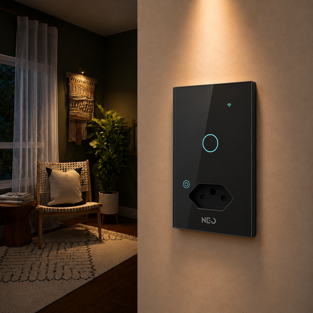 Interruptor Inteligente Wifi 1 Botão Com Tomada 10A 4x2 Bivolt Preto Neo