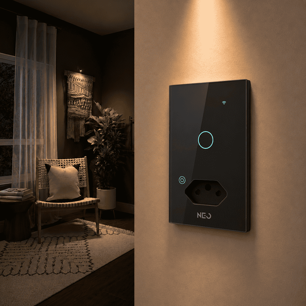 Interruptor Inteligente Wifi 1 Botão Com Tomada 10A 4x2 Bivolt Preto Neo - NEO Avant