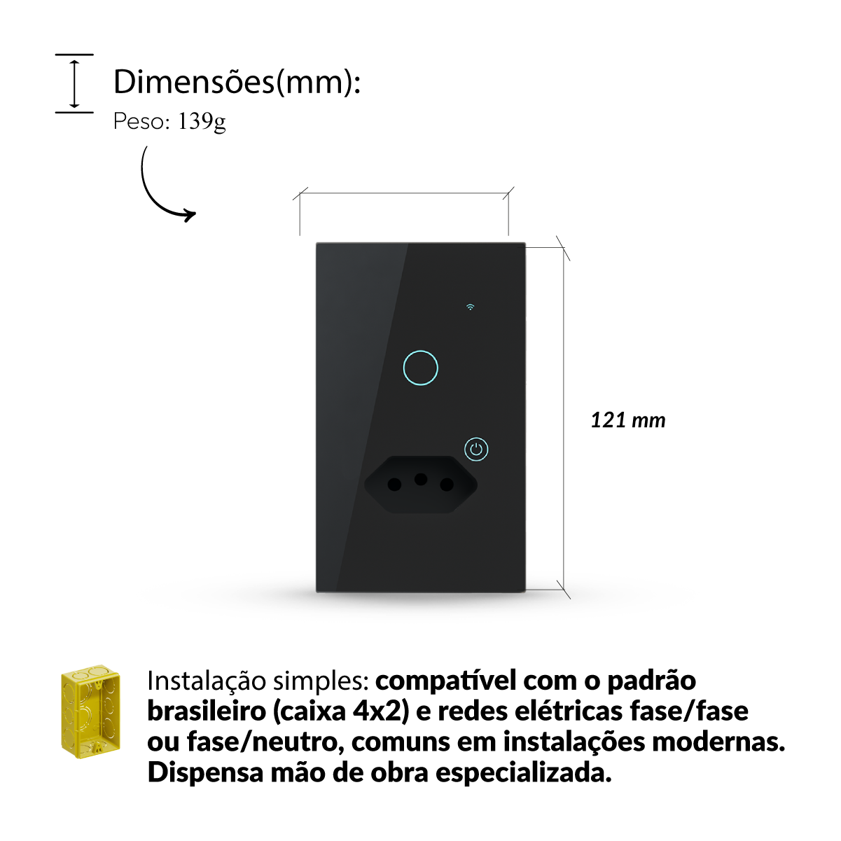 Interruptor Inteligente Smart Wifi 1 Botão Com Tomada 4x2 Bivolt Preto Neo Avant