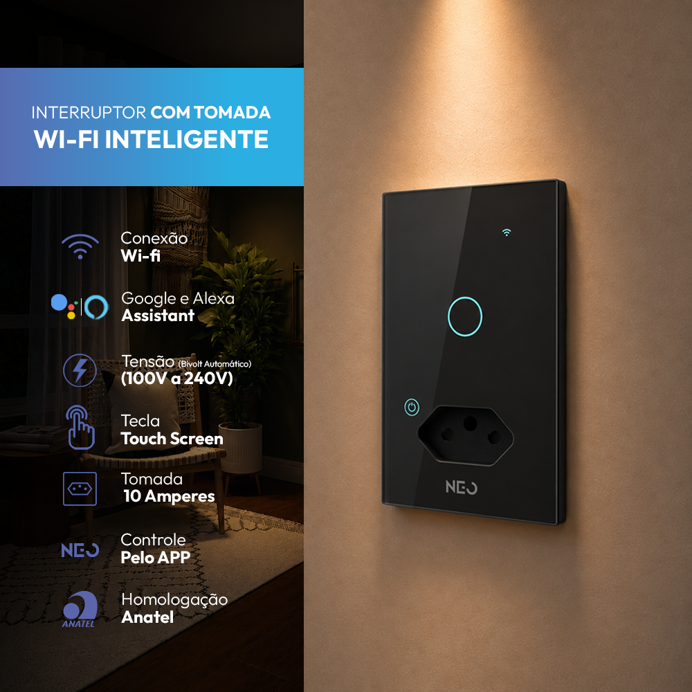 Interruptor Inteligente Wifi 1 Botão Com Tomada 10A 4x2 Bivolt Preto Neo