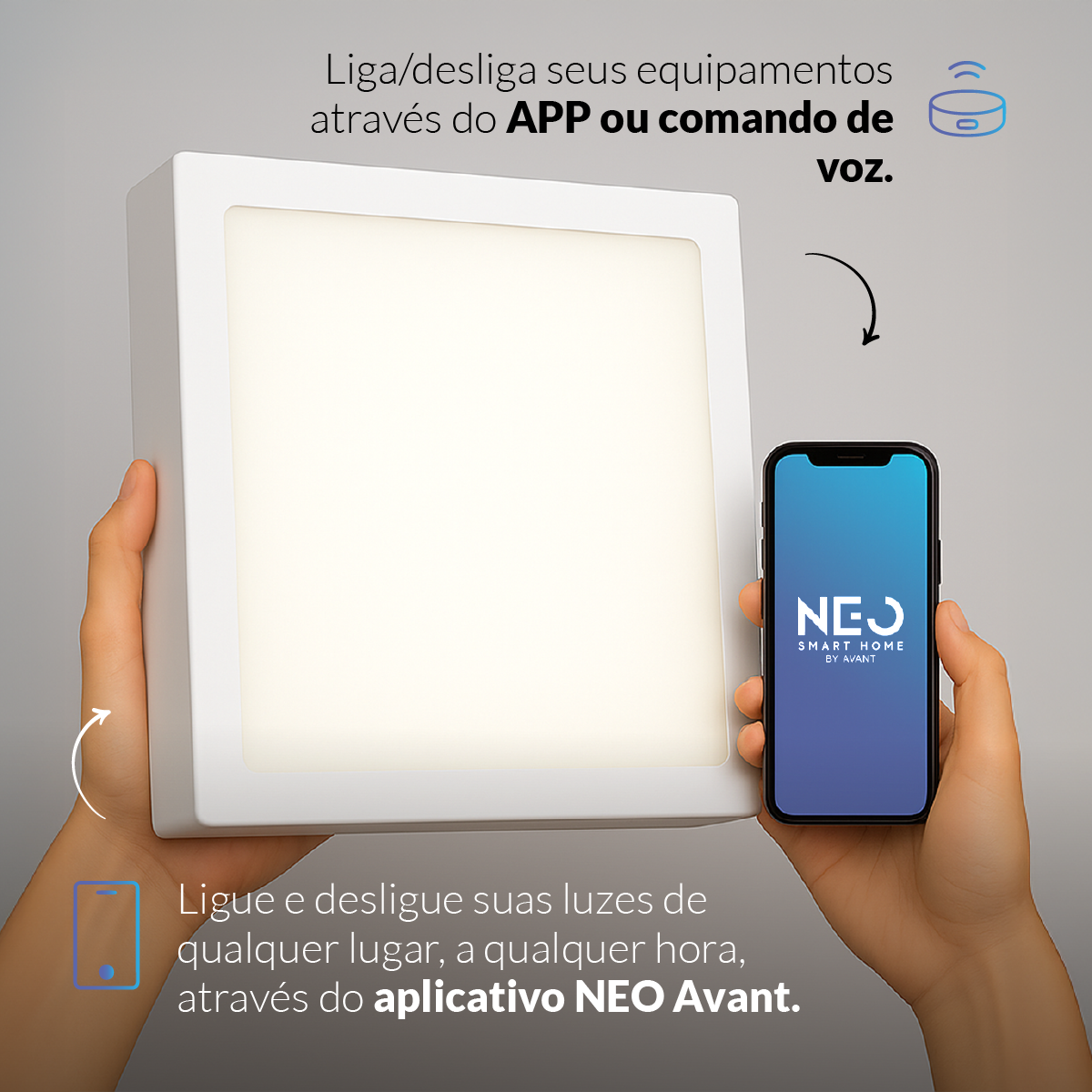 Painel LED Plafon Inteligente de Sobrepor Quadrado 24W Dimerizável 30cm Bivolt Neo