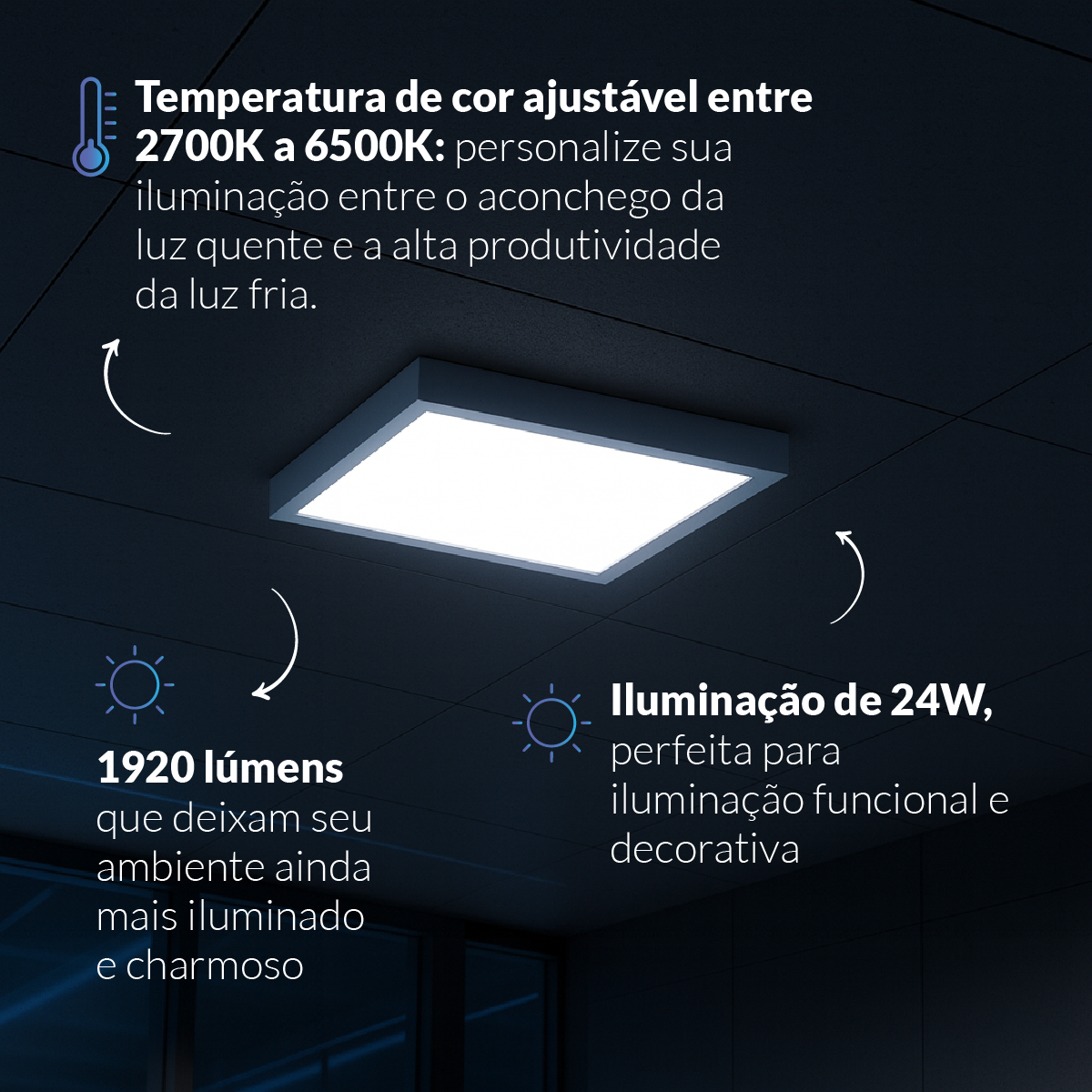 Painel LED Plafon Inteligente de Sobrepor Quadrado 24W Dimerizável 30cm Bivolt Neo