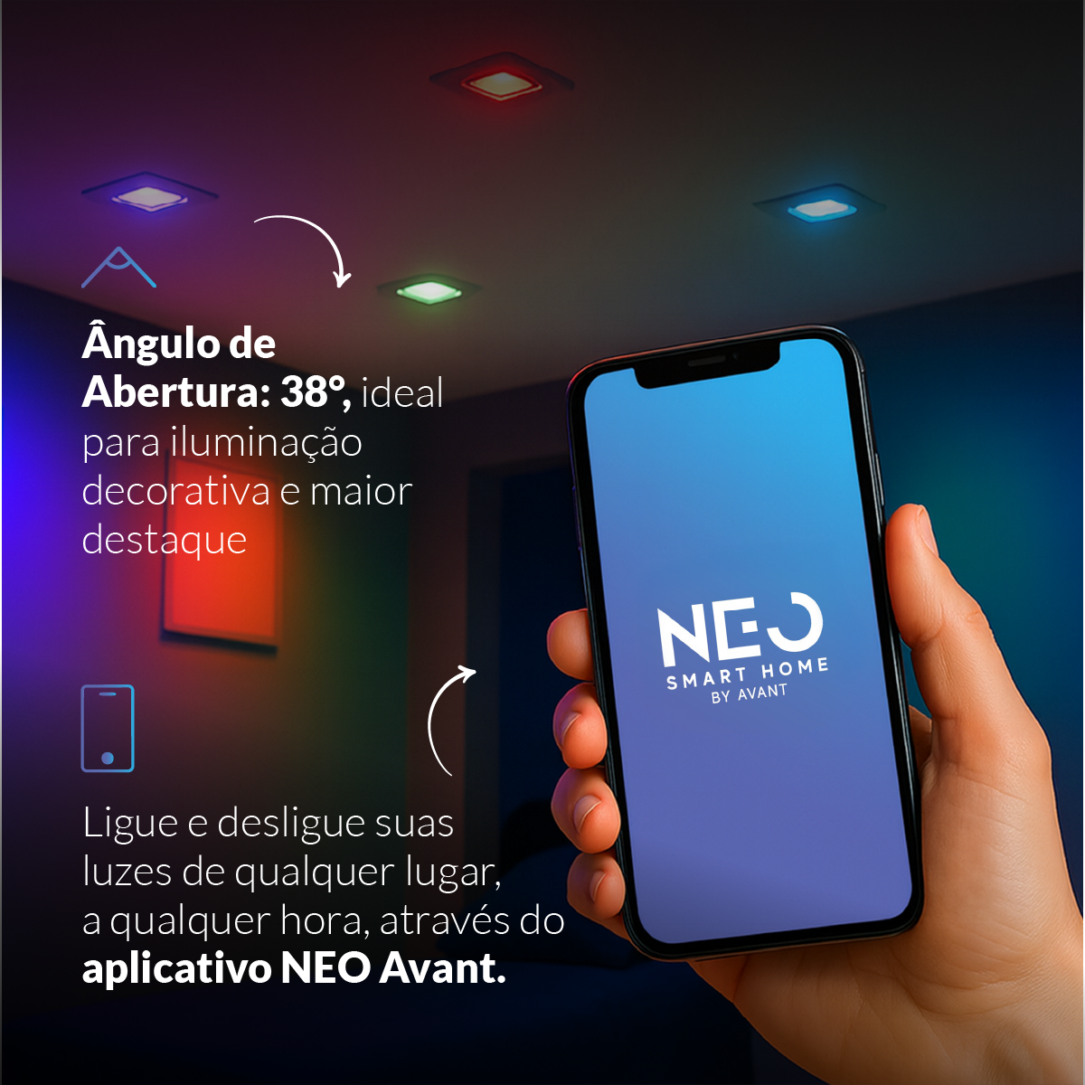 Spot Led Smart Wifi 2.4 GHz Embutir 5w RGB Bivolt Quadrado Branco Neo Avant - NEO Avant