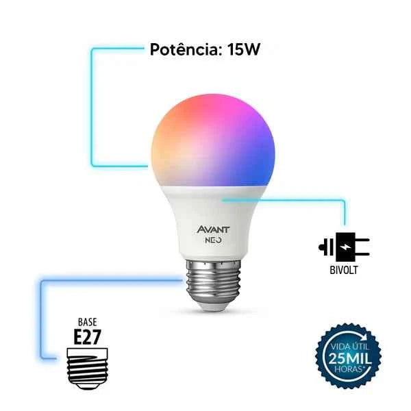 Kit Automação Lâmpada RGB 15w Interruptor 1 botão Tomada Inteligente Branco Wi-Fi 4x2 Bivolt Neo Avant