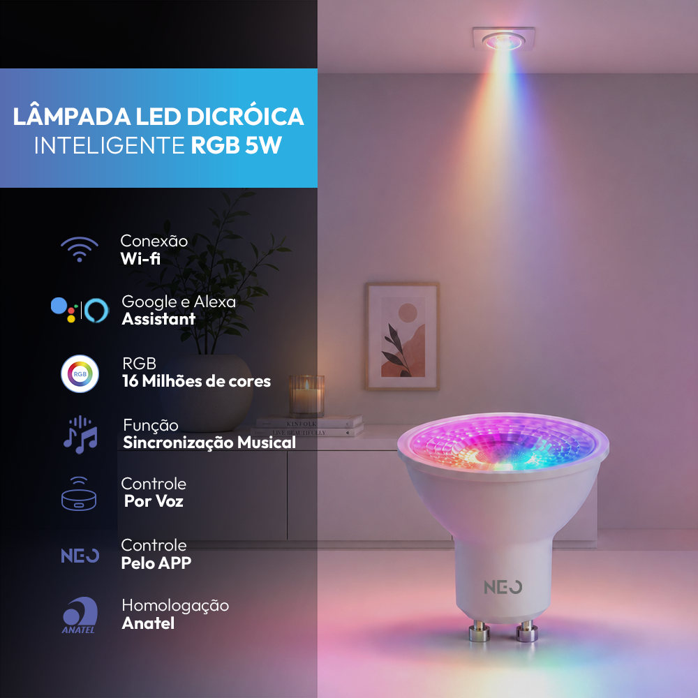 Lâmpada Led Dicróica MR16 Inteligente Wifi 5w 2700K/6500K RGB GU10 Branco Neo