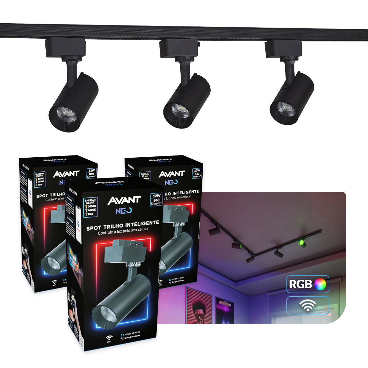 Kit 3 Spot Led Trilho Inteligente 1 Metro 36w RGB 110v/220v Preto Neo