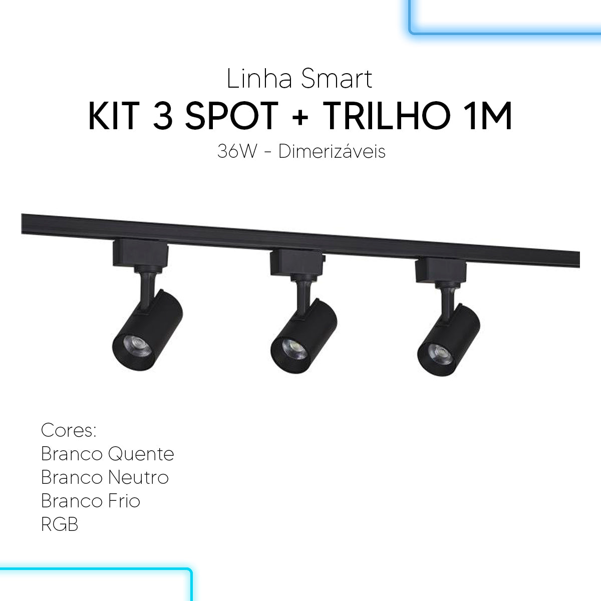 Kit 3 Spot Led Trilho Inteligente 1 Metro 36w RGB 110v/220v Preto Neo
