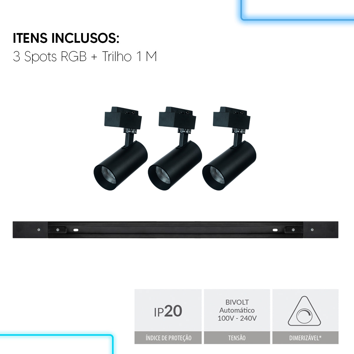Kit 3 Spot Led Trilho Inteligente 1 Metro 36w RGB 110v/220v Preto Neo