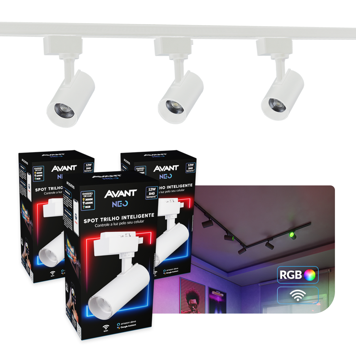Kit 3 Spot Led Trilho Inteligente 1 Metro 36w RGB 110v/220v Branco Neo