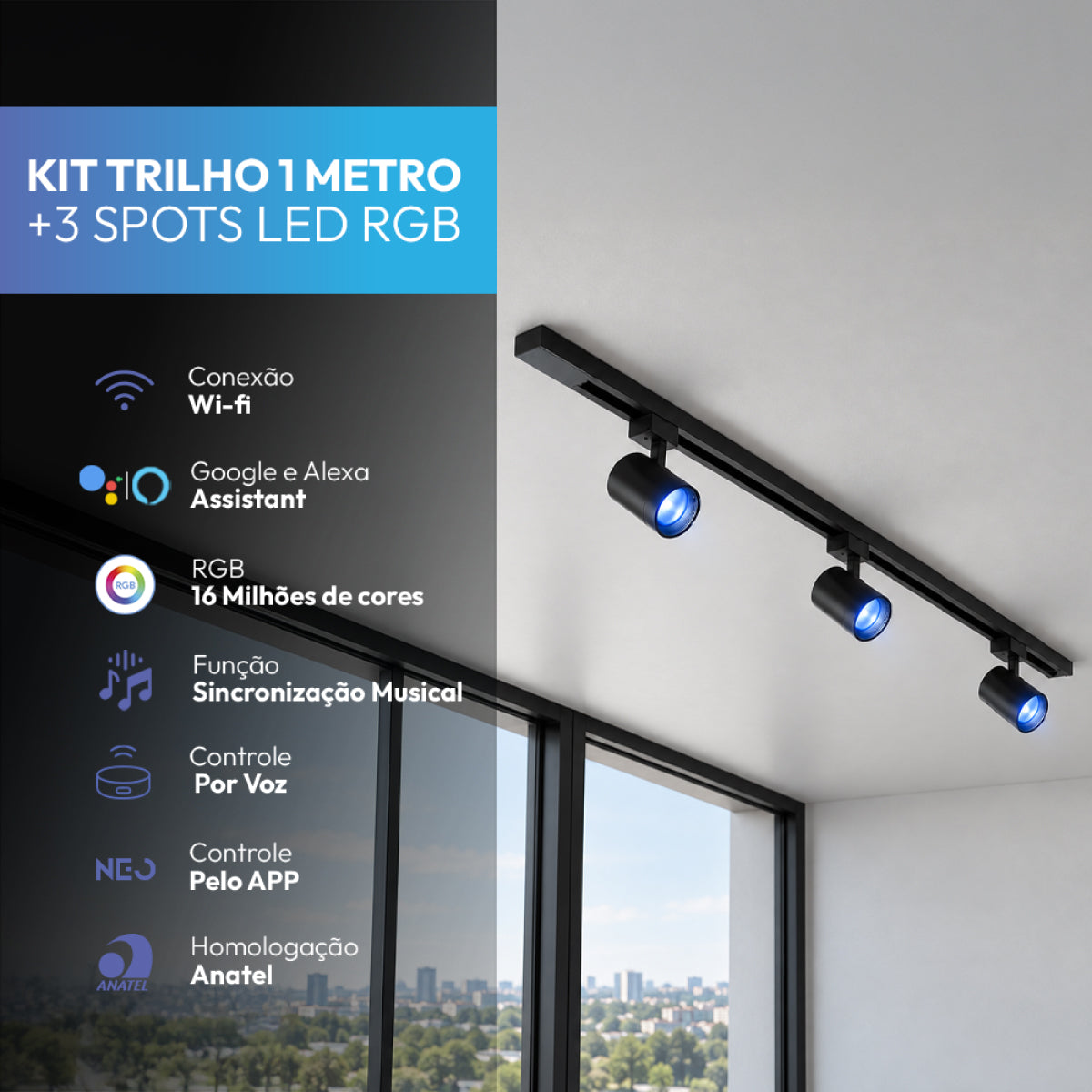 Kit 3 Spot Led Trilho Inteligente 1 Metro 60w RGB Bivolt Preto Neo - NEO Avant