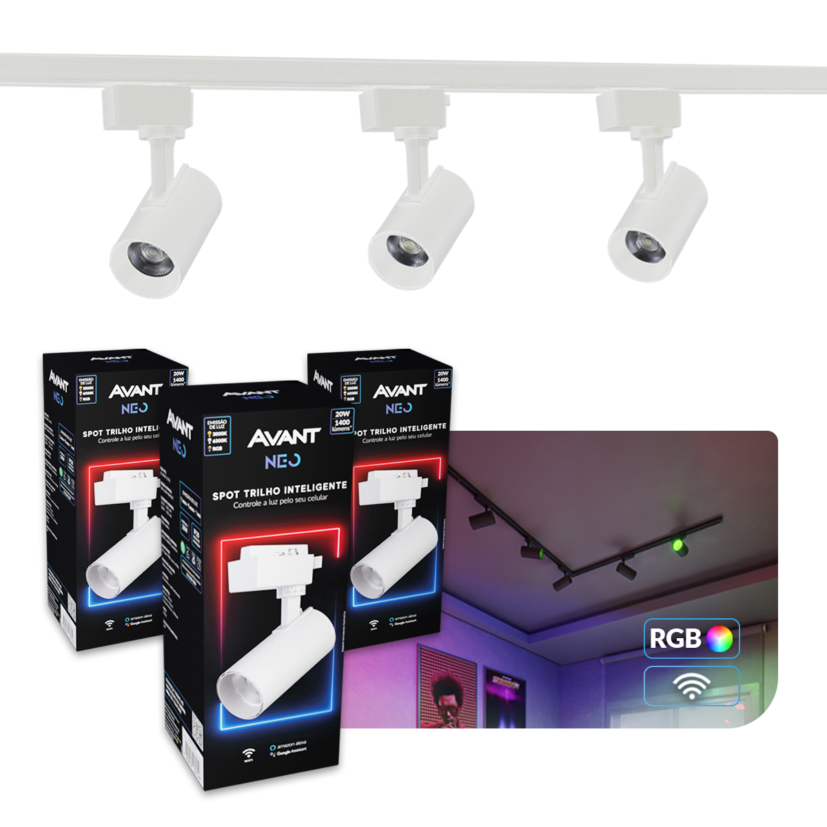 Kit 3 Spot Led Trilho Inteligente 1 Metro 60w RGB Bivolt Branco Neo
