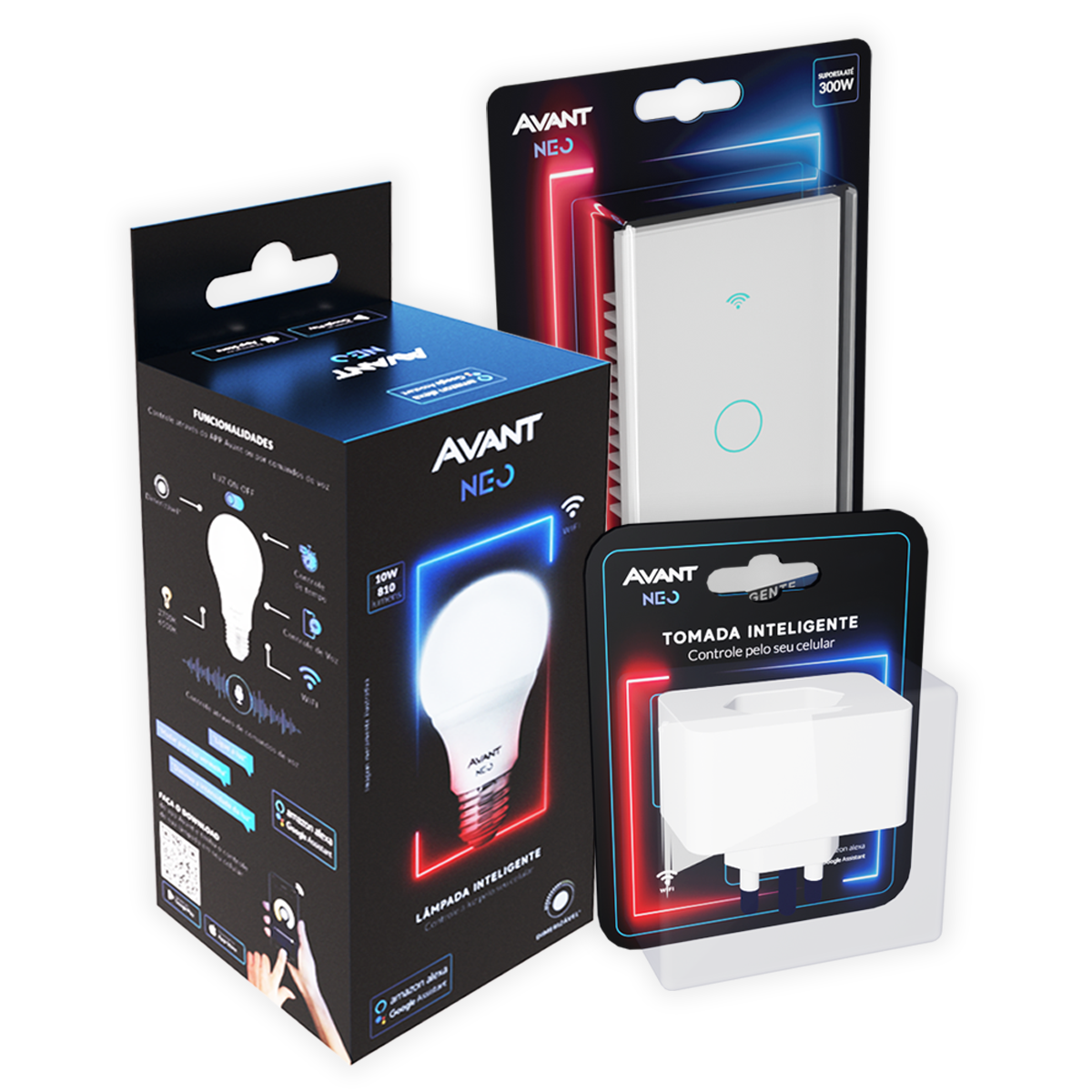 Kit Casa Conectada Smart Wi-fi 2.4 GHz Lâmpada RGB + Interruptor 1 Botão Branco + Tomada Inteligente Neo Avant