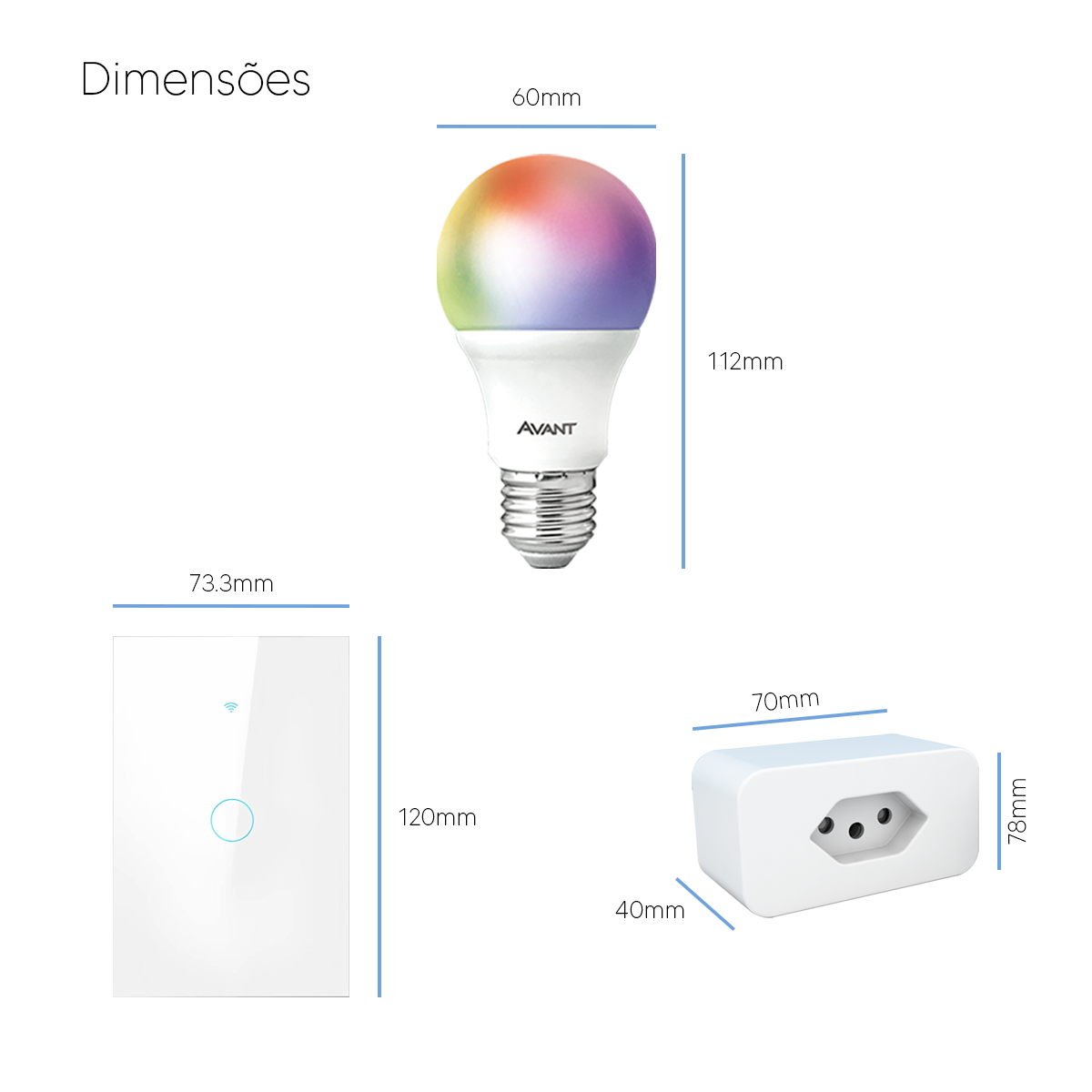 Kit Casa Conectada Smart Wi-fi 2.4 GHz Lâmpada RGB + Interruptor 1 Botão Branco + Tomada Inteligente Neo Avant