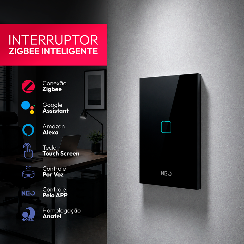 Interruptor Inteligente Zigbee 1 Botão 4x2 Bivolt Preto Neo